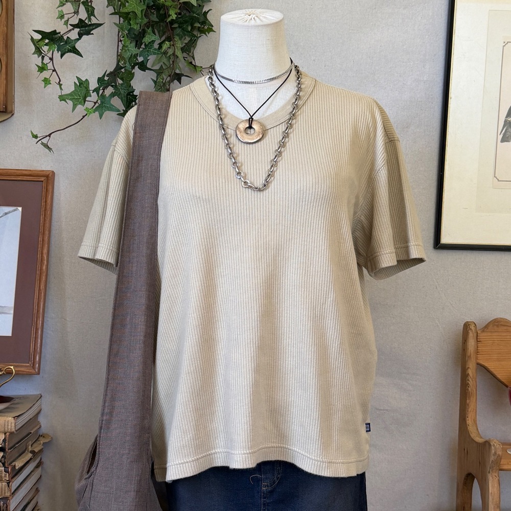 90s Tan Ribbed Cotton Vneck Top Oversized Indie Grunge Granola M Minimal Neutral